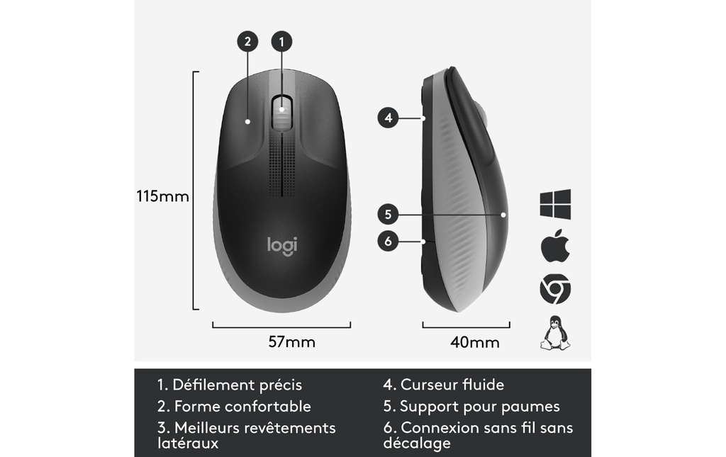 Logitech Souris M190 Gris/Noir, sans fil