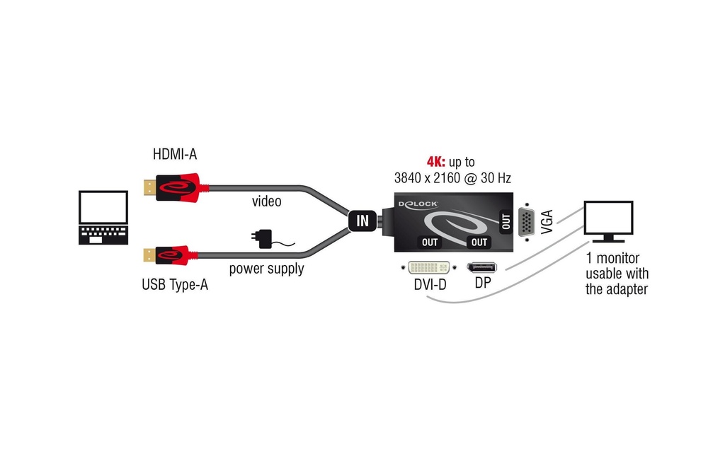 Delock Adaptateur 4K, 30HZ HDMI/USB 2.0 - DVI-D/VGA/DisplayPort - disponible à Cossonay - Expert Rochat SA