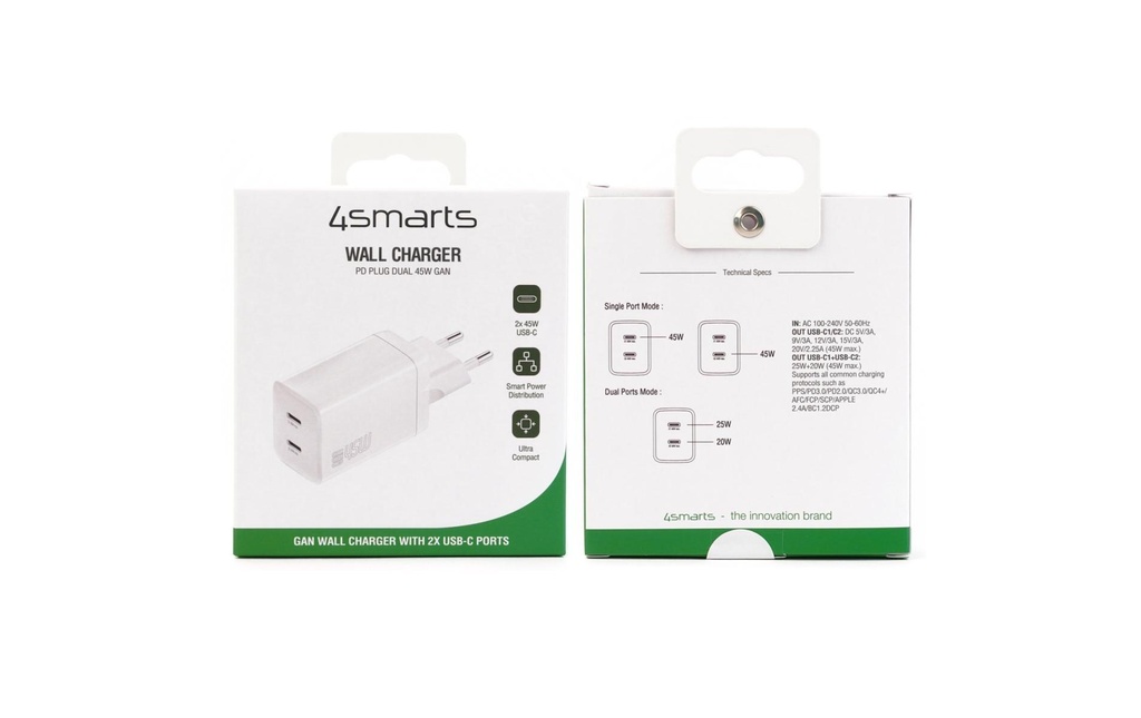 4smarts Chargeur mural USB PDPlug Dual 2x USB-C 45 W GaN